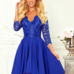 NICOLLE – Světle modré dámské šaty s delším zadním dílem a s krajkovým výstřihem 210-12