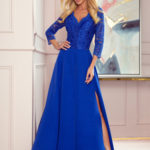AMBER – Elegantní dlouhé krajkové dámské šaty v chrpové barvě s dekoltem 309-2