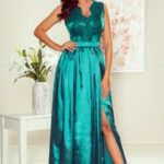 SALLY – Dlouhé zelené dámské šaty s vyšívaným dekoltem 256-1
