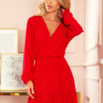 LAUREN – Červené dámské šifonové šaty s dekoltem a volánky 329-2